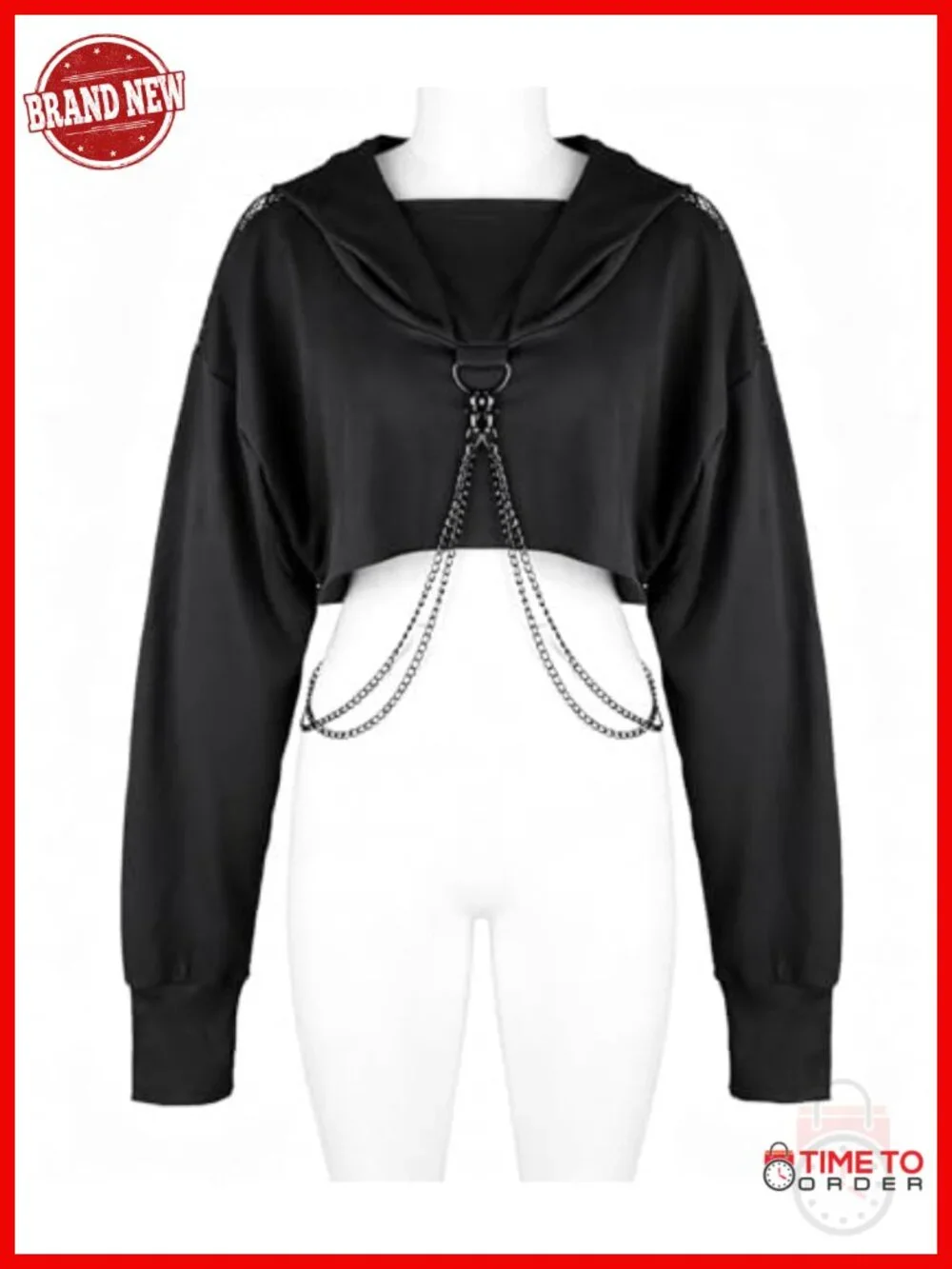 Gothic Long Sleeve Crop Hoodie Sweatshirt with Chain Punk Print_2